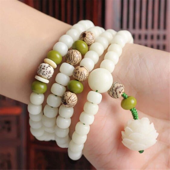 Natural White Bodhi Root 108 Beads Lotus Japamala Prayer Bracelet